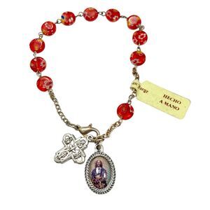 Vtg Murano Millefiori Rosary Cross Bracelet Italian Red Beads Sacred Heart Jesus
